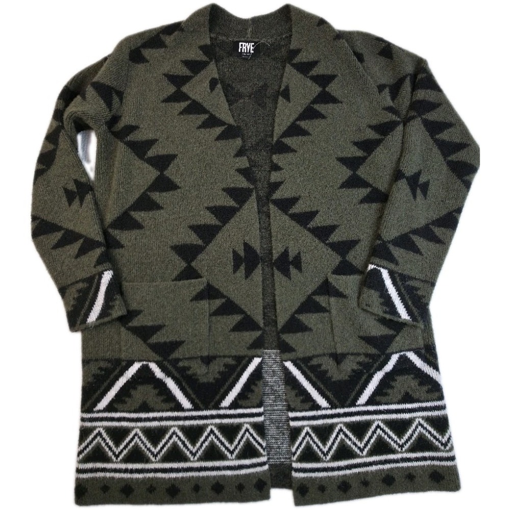 Frye S Cardigan Sweater Olive Green Pockets Southwestern Aztec Western Ranch